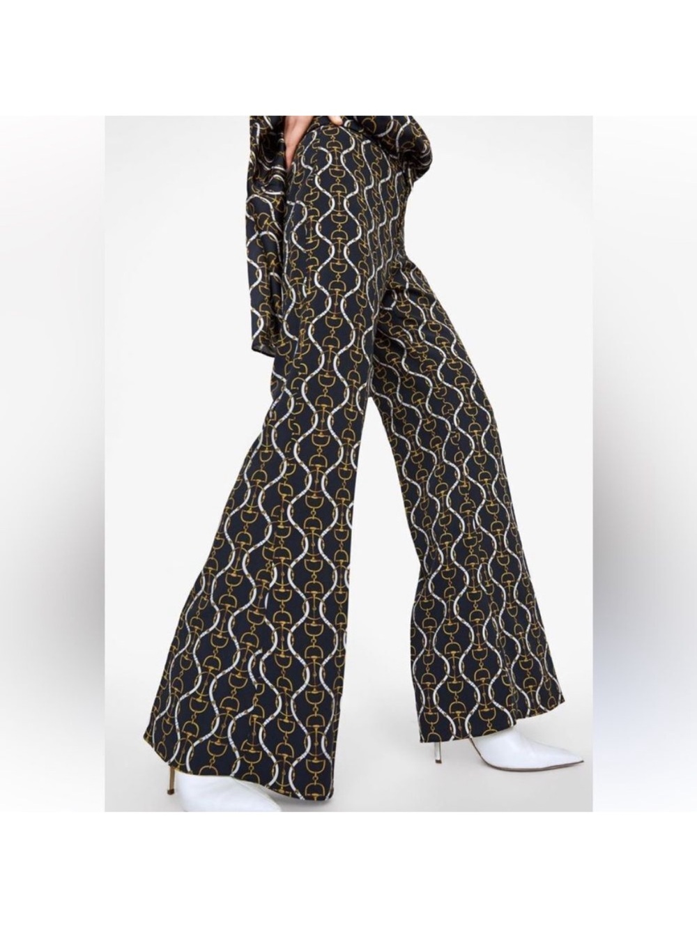 Zara Black Boot-Cut Pants with Gold and White Chain Print and matching belt.